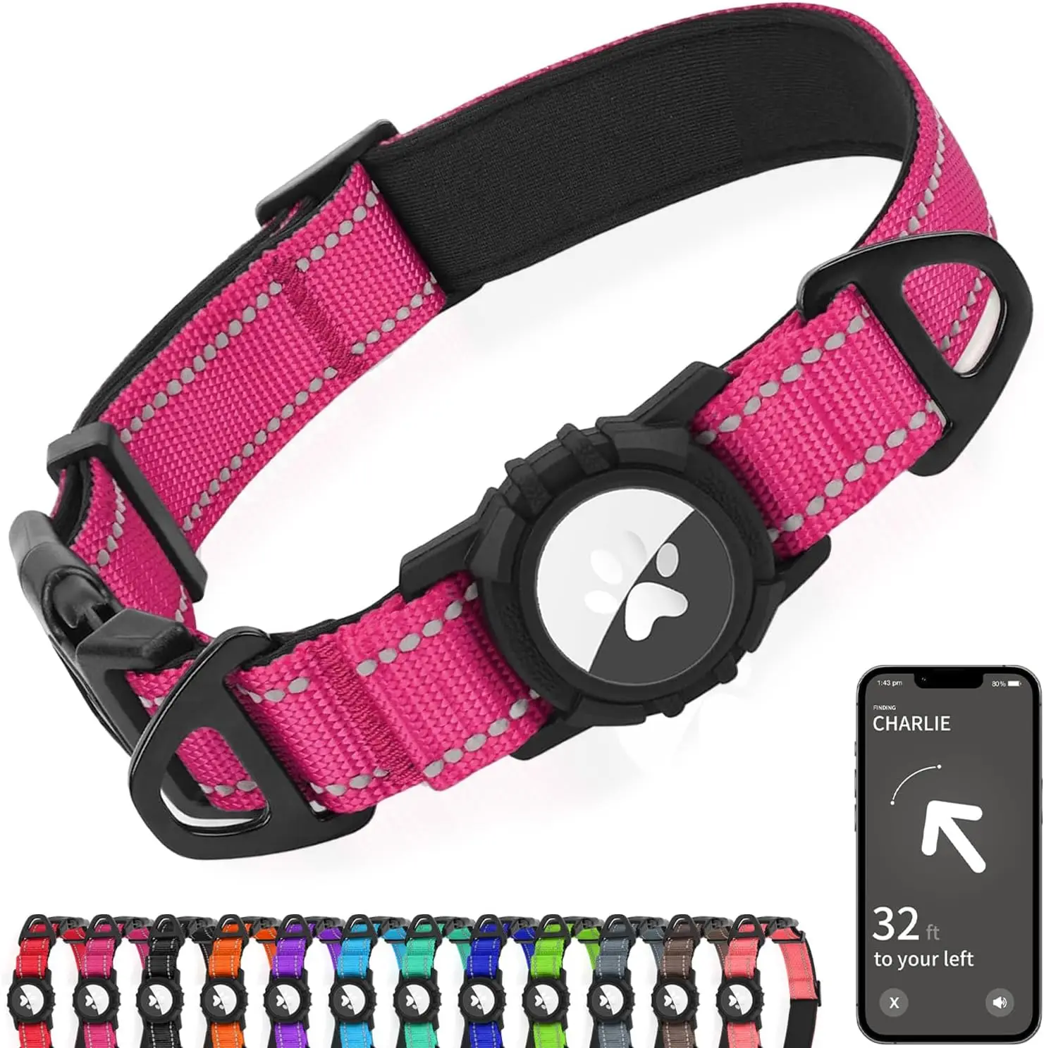 Neon Pink Medium Size Airtag Dog Collar - Non-Customized Collar with Fully Reflective Edges, Waterproof Airtag Holder, Dual D-Rings, Soft Padding, Quick Release Buckle, Adjustable Length for Medium Dogs’ Daily Adventures