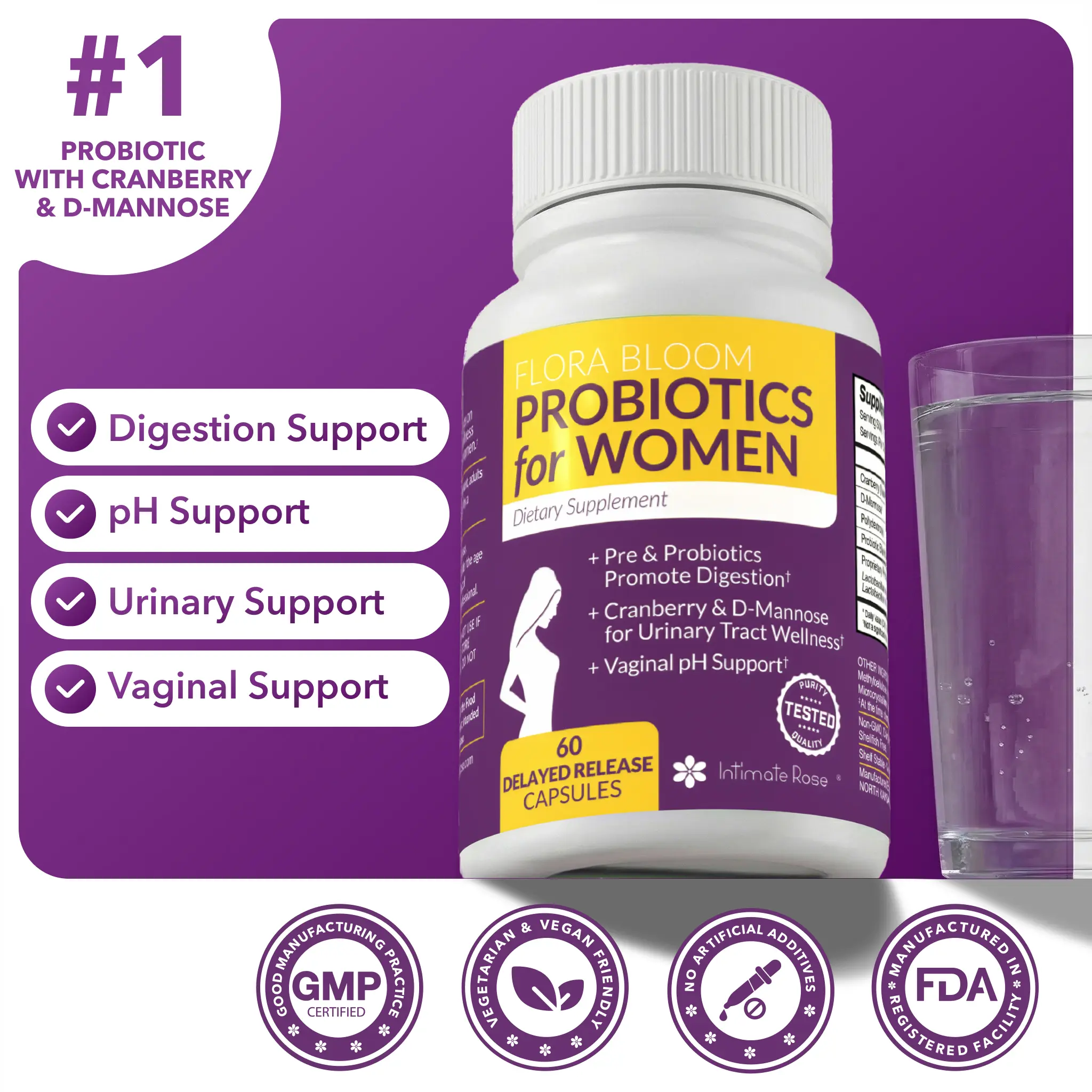 Intimate Rose Women's Natural Dietary Probiotic Supplement with Cranberry & D-Mannose - GMO-Free, Gut Support, pH Balance, Urinary & Digestive Health - 60 Vegan Capsules for Health and Wellness