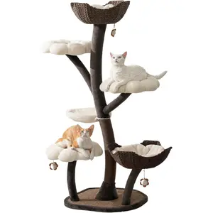 59Inch Modern Cat Tree with Scratching Posts, Handwoven Baskets & Washable Cushions – Durable Iron Frame Cat Tower for Large & Multi-Cat Homes