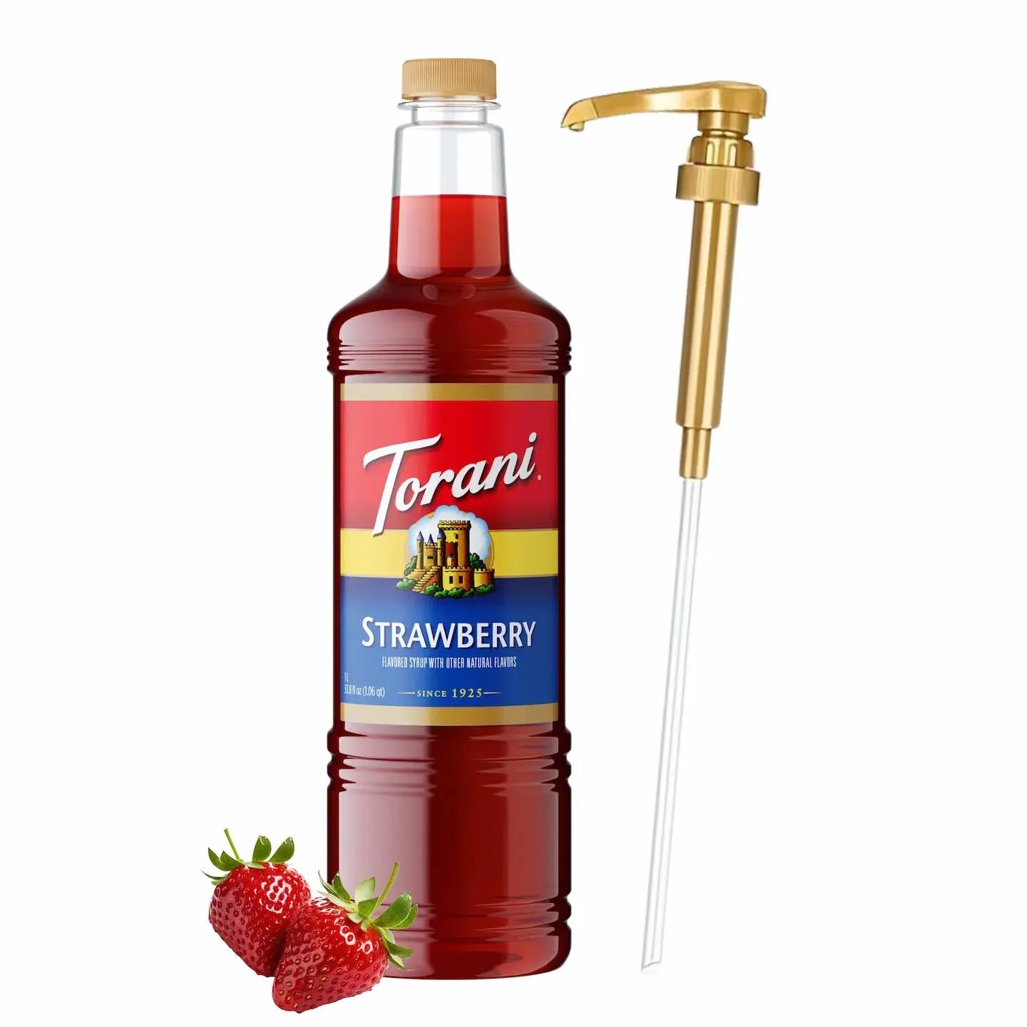Torani Strawberry Fruit Syrup, 1L Bottle with Pump, Sweet Beverage Mix Made with Natural Ingredients