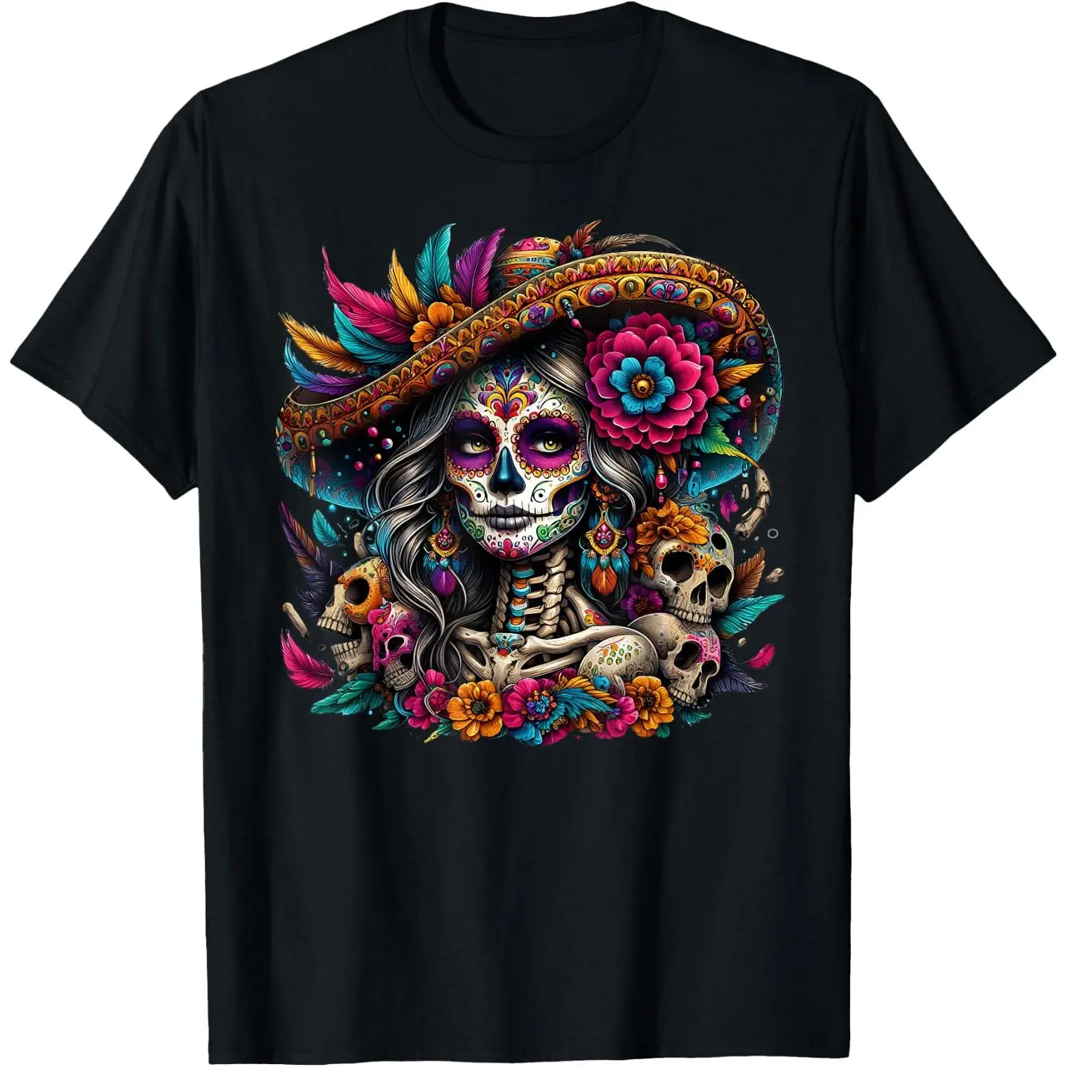 100% Cotton De Los Muertos La Catrina Day of The Dead Sugar Skull Women T-Shirt