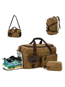 3 IN 1 CANVAS DUFFEL BAG CONVERTIBLE TRAVEL BACKPACK WITH SHOE COMPARTMENT FOR MEN WOMEN OVERNIGHT WEEKENDER BAG, Travel Essentials Bag, BROWN