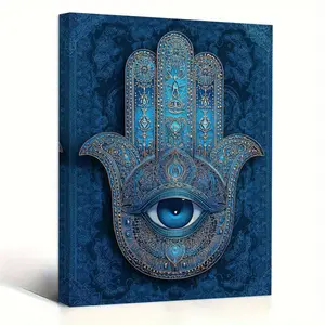 1 Piece Blue Hamsa Eye Protection Canvas Wall Art - Middle Eastern Evil Eye Decoration with Wooden Frame, Navy Blue and Gold, Can Be Hanged Directly, Suitable for Living Room, Bedroom, Office, Farmhouse Style - Evil-Repelling and Auspicious Talisman, Exqu