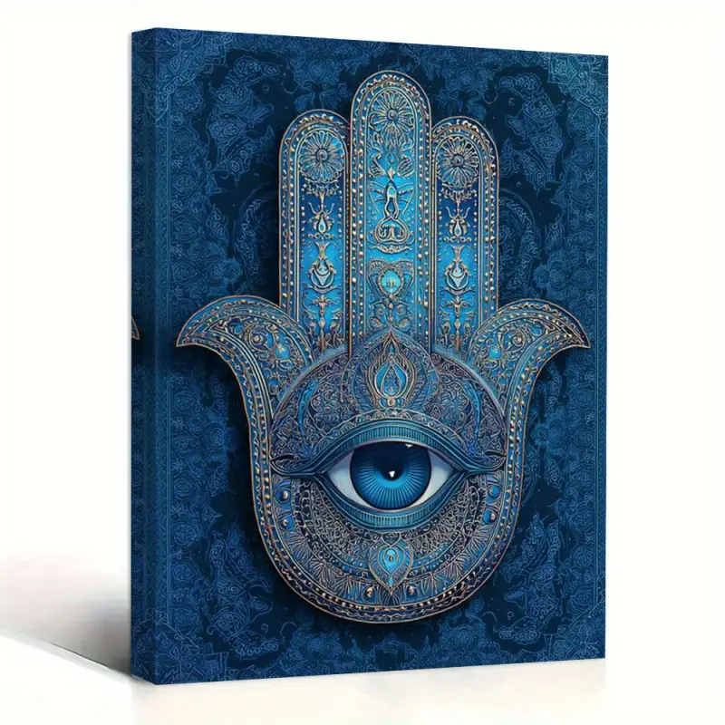 Blue Hamsa Eye Protection Canvas Wall Art Home Wall Decor, Middle Eastern Evil Eye Decoration with Wooden Frame, Navy Blue and Gold, Can Be Hanged Directly, Suitable for Living Room, Bedroom, Office, Farmhouse Style, Evil-Repelling and Auspicious Talisman