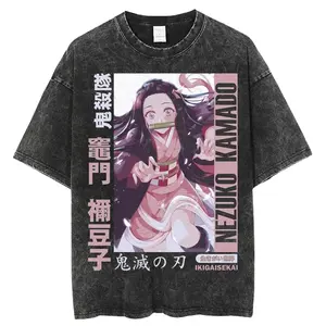 valentine shirts  Harajuku Anime Demon Slayer Nezuko Vintage Washed Graphic T Shirt Men Women Cotton Short Sleeve Tee Casual Tops Y2k Streetwear