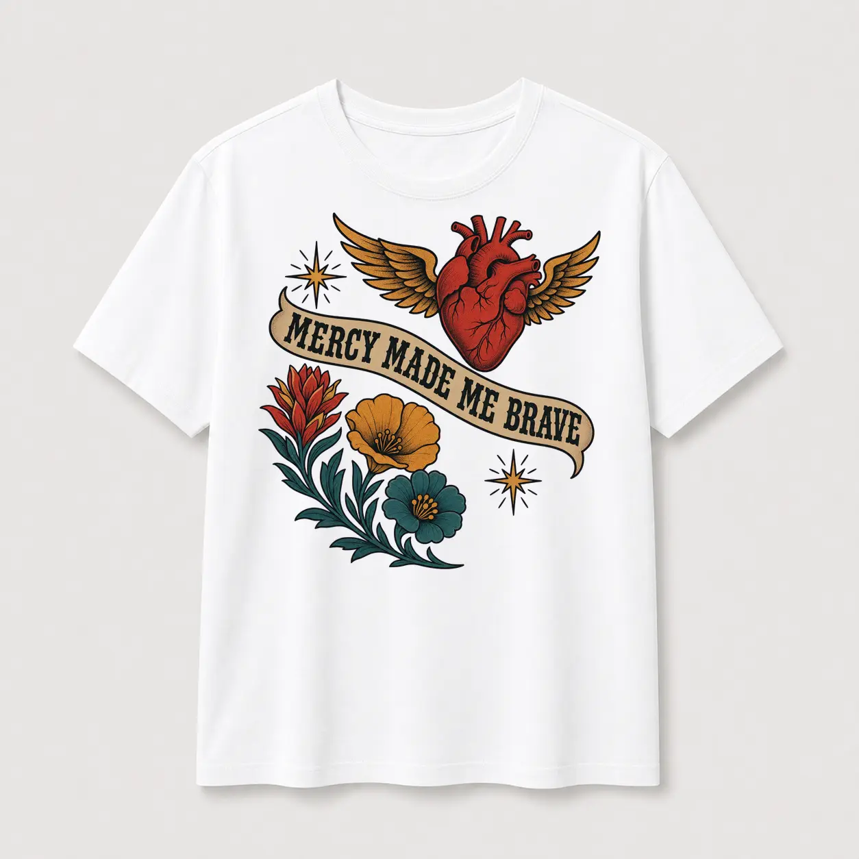 Mercy Made Me Brave Christian Graphic T-Shirt, Unisex Western Faith Heart Crew Neck Short Sleeve Top
