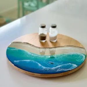 Lazy Susan with Ocean Waves and Beach Sand Design - Decorative Kitchen Table Decor Featuring Blue Waves and Sand Design Coasters