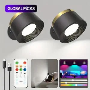 USB Rechargeable Smart LED Wall Light, 1/2 Counts RGB Night Light with Remote Control, 360° Rotatable Spotlight for Bedroom, Bedside, Display Wall, Cabinet, Hallway, Game Room