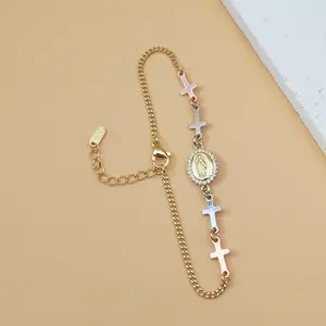 Unisex Religious Symbol Sports Wristband - Pendant Bracelet with Round Bead Design, Virgin Mary Pendant, Gold Chain and Cross Charms