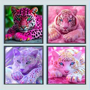 4pcs Tiger Leopard Diamond Painting Kit, Adult Art Craft Set, Frameless Handcraft DIY 5D Diamond Art, Full Drill Round Diamond Home Decor, Diamond Art Tools