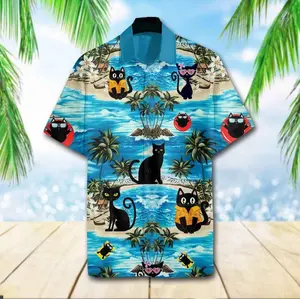 Black Cat Beach 3D Hawaiian Shirt, Funny Cat Aloha Shirt, Tropical Summer Shirt, Unisex Beach Vacation Outfit, Polyester Shirt