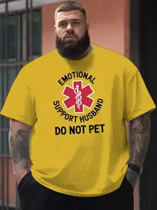 Men's Plus Size Emotional Support Husband Graphic Print T-Shirt, Casual Short Sleeve Tee with Medical Symbols, Breathable Loose Fit for Spring and Summer