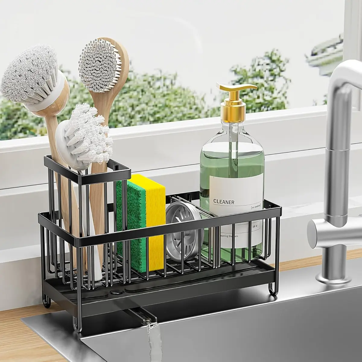 Kitchen Sink Caddy Organizer, Rotatable Spout Sponge & Brush Holder, Rustproof 304 Stainless Steel, Countertop Drying Rack for Space-Saving & Neat Sink