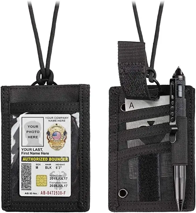 Adjustable Tactical ID Card Holder Detachable Hook & Loop Patch Badge Holder Key Ring Credit Card Organizer
