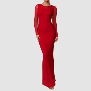 OQQfitness Womenswear Long Sleeve Maxi Dresses Sheer Mesh Boat Neck Ruched Bodycon Party Outfit #SummerVibes