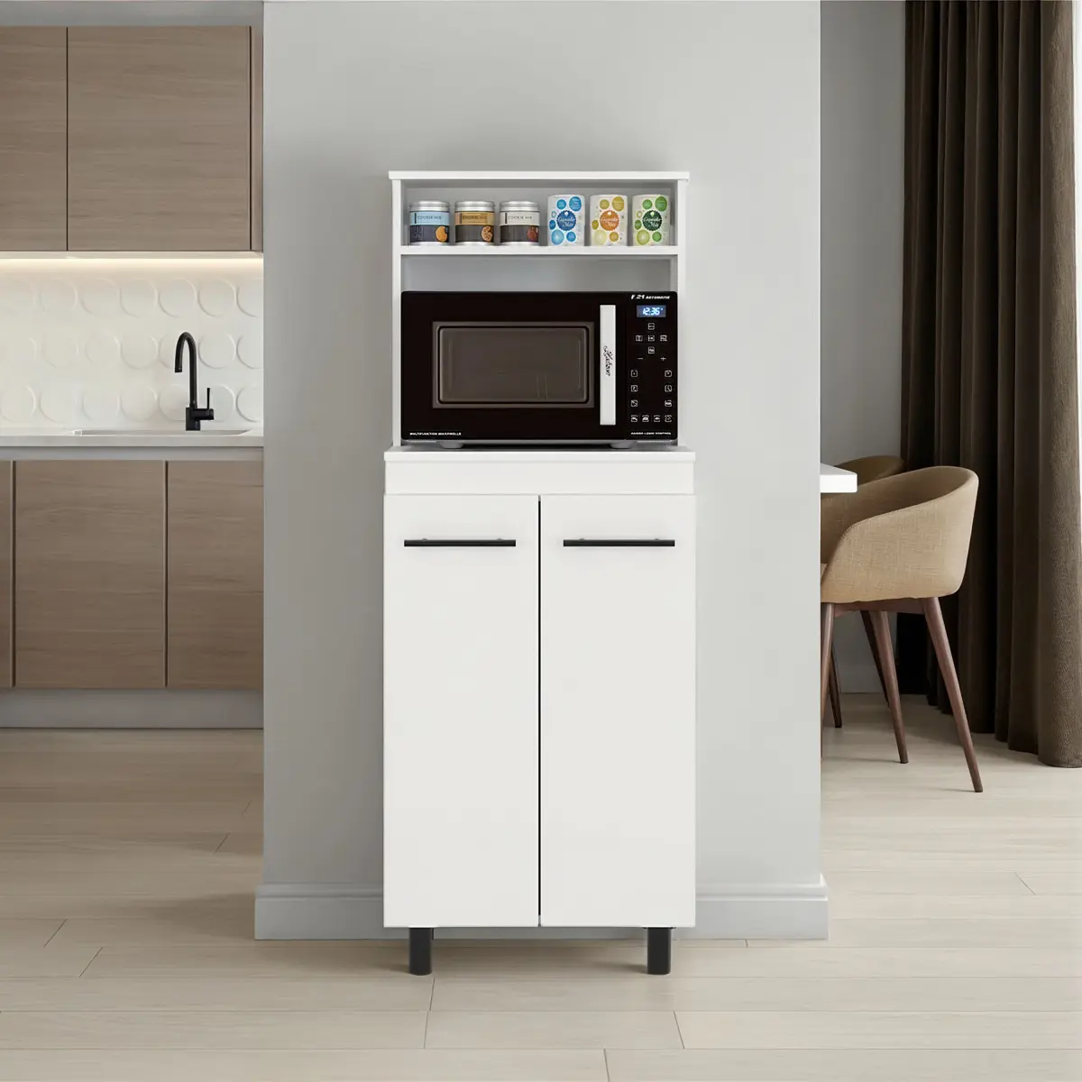 White Durable Enderlin Engineered Wood Microwave Stand - 3 Shelves (1 Adjustable Shelf), 2 Doors, 4 Legs, Cabinet, 55.1"H x 23.6"W x 13.9"D, 50.79 lbs, Assembly Required