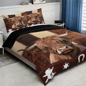 3-piece adorable Highland cow print bedspread set (1 bedspread + 2 pillowcases, not including the filling), soft and comfortable decorative bedding set, suitable for bedroom, dormitory, guest room and home decoration, Unique highland print
