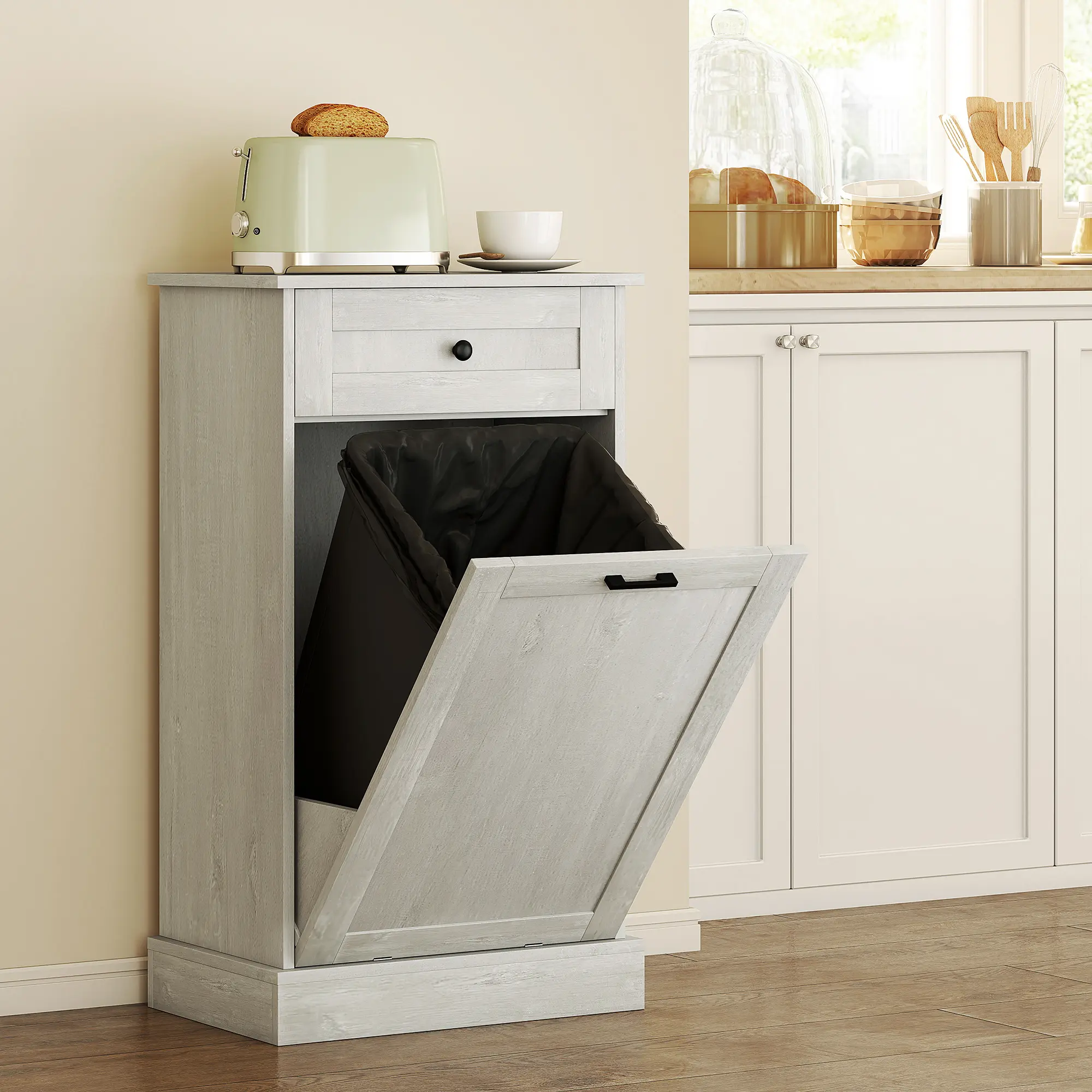 Light Gray, with 1 Trash Can Cabinet & 1 Drawer