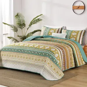 Boho Queen Size, Colorful Bohemian Bedspread Queen Size Set with 2 Pillow Shams, Lightweight Summer Soft Microfiber Green Brown Bedding Set for All 96"x90"(Bed Decor 3 Pieces)