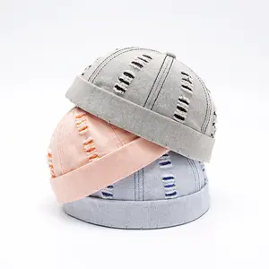 Broken Hole Landlord Hats Men's Street Hip-hop Caps Melon Dome Denim Sailor Hat Classic Vintage Style Brimless Adjustable Strap Fits Men Women