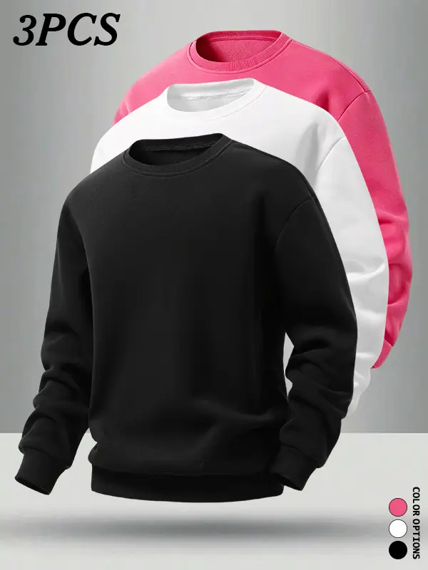3-Pack Men’s Easy-to-Pair Crew Neck Long Sleeve Sweatshirts — Classic crew neck, drop shoulders, relaxed fit with extra room; interchangeable styles for all occasions in everyday wear.