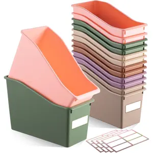 12 Pcs Book Bin for Classroom with Labels Stackable Plastic Organizing Bins 11.5 x 5.4 x 7.5 in Book Holders Storage Bins Box Baskets for Classroom Library Home (Terrazzo Color)