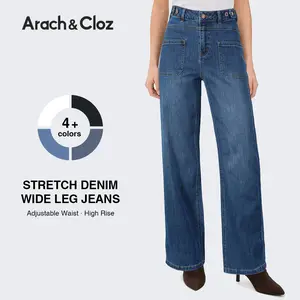 Arach&Cloz Women's Denim Adjustable Waist Buttons High Waisted Wide Leg Jeans 2026