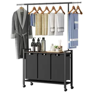 Heavy Duty Laundry Sorter Cart Rolling Laundry Organizer with Hanging Bar Wood Table Top Dirty Clothes Hamper Waterproof Oxford Baskets Storage Utility Cart Lockable Wheels for Apartment Dorm Household Laundry Room Farmhouse Decor