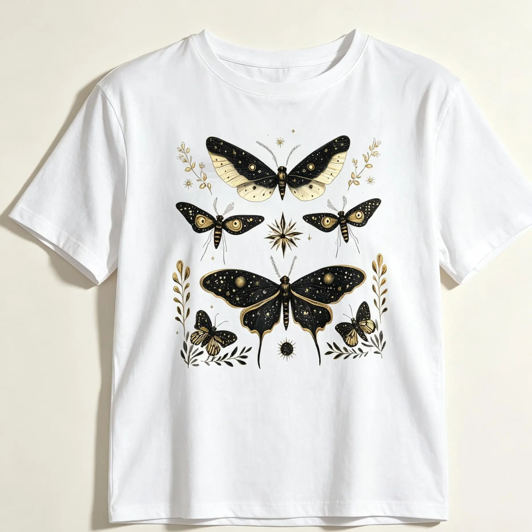 Women's Celestial Luna Moth Baby Tee, Soft Cotton Boho Earthy T-Shirt, Fitted Cottagecore Shortsleeve Crop Top with Round Neck