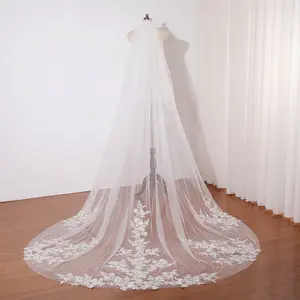 Ivory wedding veil champagne floral lace embroidery, Elegant floral lace bridal veil, Double layered cathedral wedding veil, Soft tulle veil, New designed leaf wedding veil