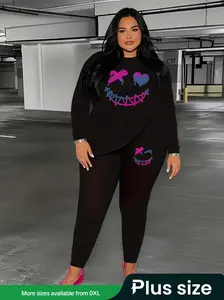 【Plus Size】 Two-piece Set Heart Print Sweatshirt & Skinny Pants, Casual Round Neck Long Sleeve Pullover & Trousers for Daily Wear, Women's Two-piece Outfits for Fall & Winter, Womenswear