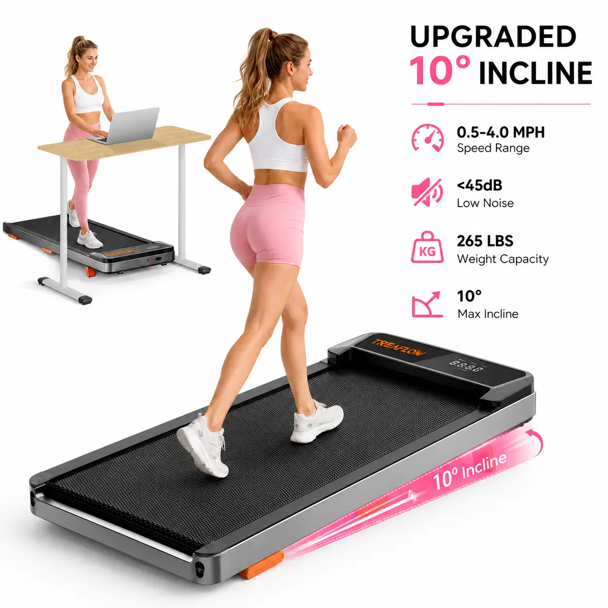 【Adjustable Incline JC Walking Pad】2.5HP Portable Treadmill with Incline Under Desk Treadmill, 265lbs Weight Capacity, Remote Control & Wheels for Easy mobility, Dual Shock Absorption System Home Gym Equipment, Low Noise Motor Walking Pad Workout Machine