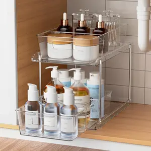 Transparent Storage Rack Organizer, Bathroom Dual-Layer Shelf, Office Desktop Cosmetic Organiser, Multi-Purpose Slide-Out Container