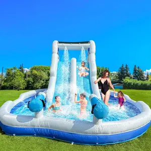 Inflatable Double Water Slide Large Climber Inflatable Water Park for Big Kids 5-10-Huge Splash Pool-Easy to Set Up & Inflate with Air Blower Carrying Case Water Pipe Storage Bag-Bule