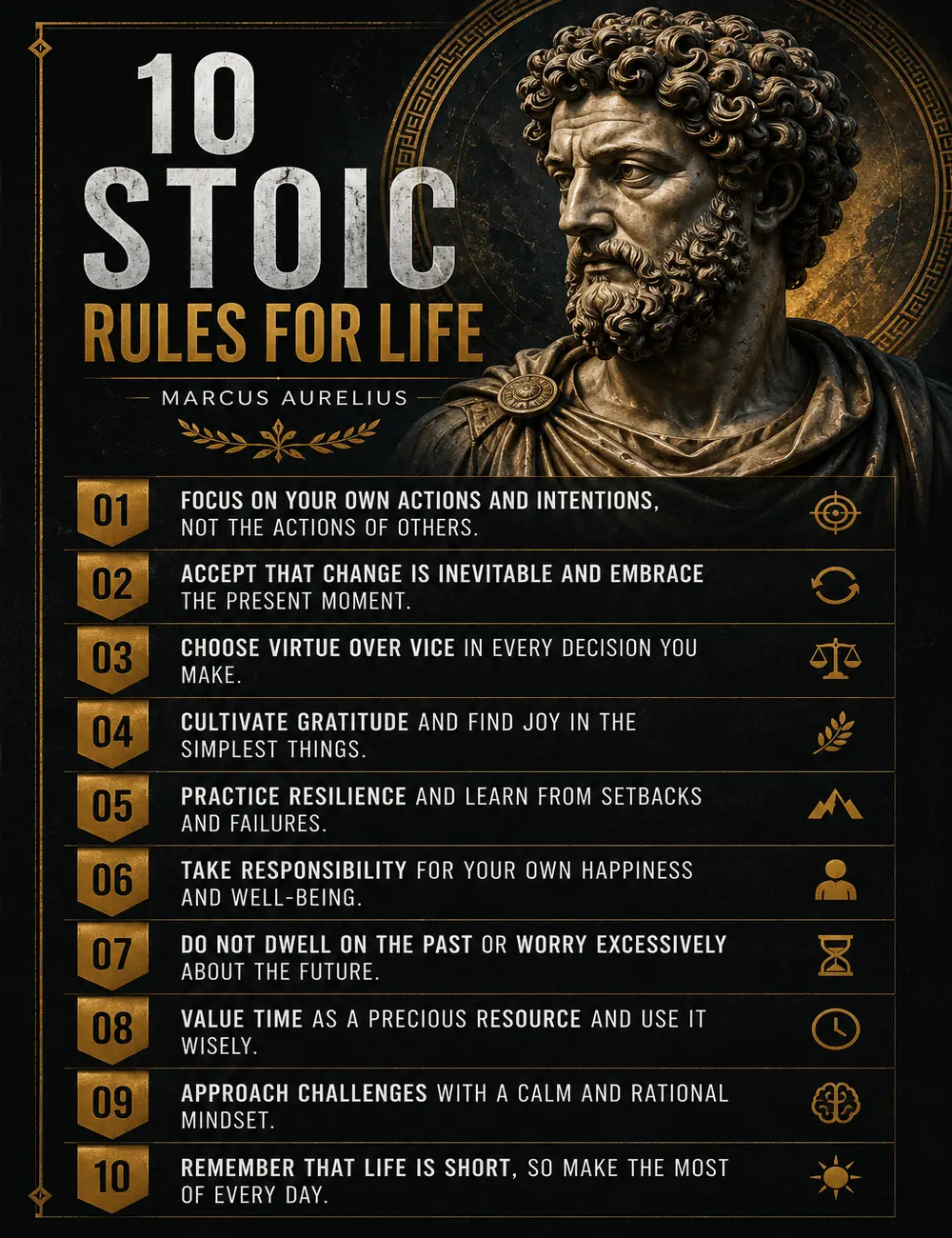 10 Stoic Rules for Life Poster Marcus Aurelius Wall Art Stoicism Philosophy Canvas Print Inspirational Quote Poster Motivational Office Decor Ancient Greek Philosophy Wall Decor Home Office Classroom Library Gift for Men Women Thinkers Leaders