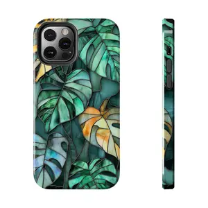 Stained Glass Monstera Leafs Phone Case Art Deco Green Houseplants Artful Trendy Vintage Case Gift Iphone 13 14 15 16 Casing Tough Cases