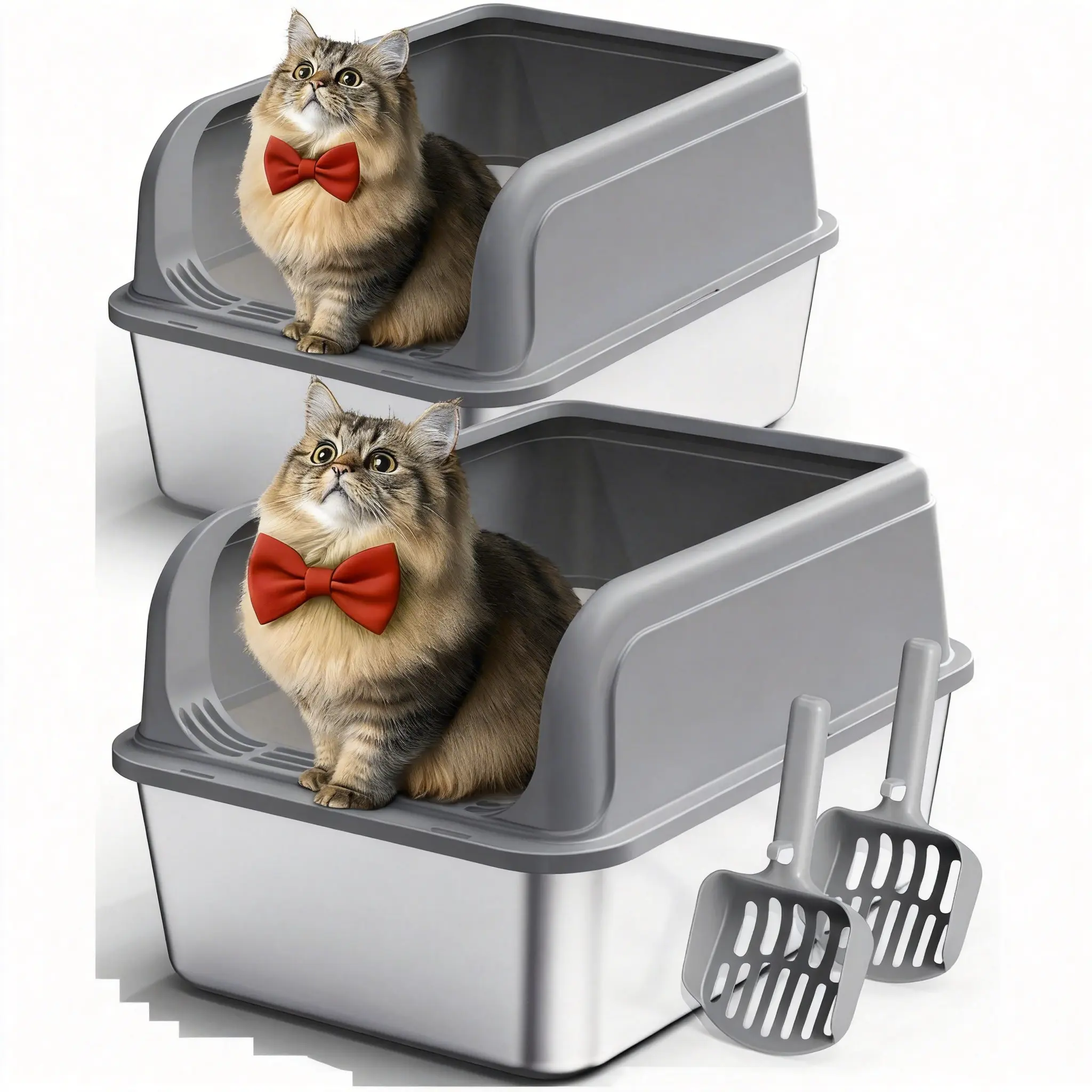 Cat Litter Box 2-Pack, Stainless Steel Kitty Litter Tray, Small Size S, Durable Pet Toilet, Gray Cat Litter Box 2-Pack, Stainless Steel Kitty Litter Tray, Small Size S, Durable Pet Toilet, Gray