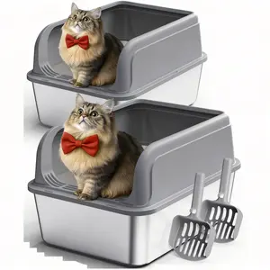 Cat Litter Box 2-Pack, Stainless Steel Kitty Litter Tray, Small Size S, Durable Pet Toilet, Gray Cat Litter Box 2-Pack, Stainless Steel Kitty Litter Tray, Small Size S, Durable Pet Toilet, Gray