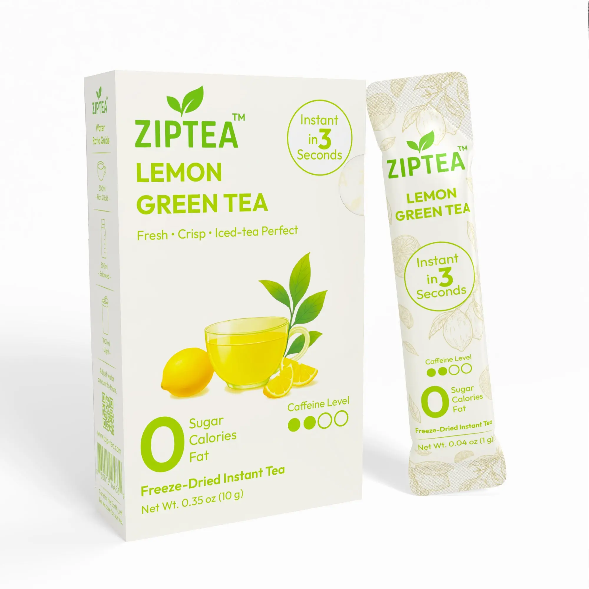 ZIPTEA Citrus Lift Lemon Green Tea, 10 Stick Packs, Freeze-Dried Instant Green Tea, 0 Sugar, Hot or Cold Beverage