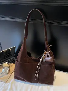 Women's Plain Color Suede Fabric Tote Bag Set, Fashionable Retro Style Multi-Pocket Large Capacity Handbag Shoulder Bag, Casual Commuter Bag