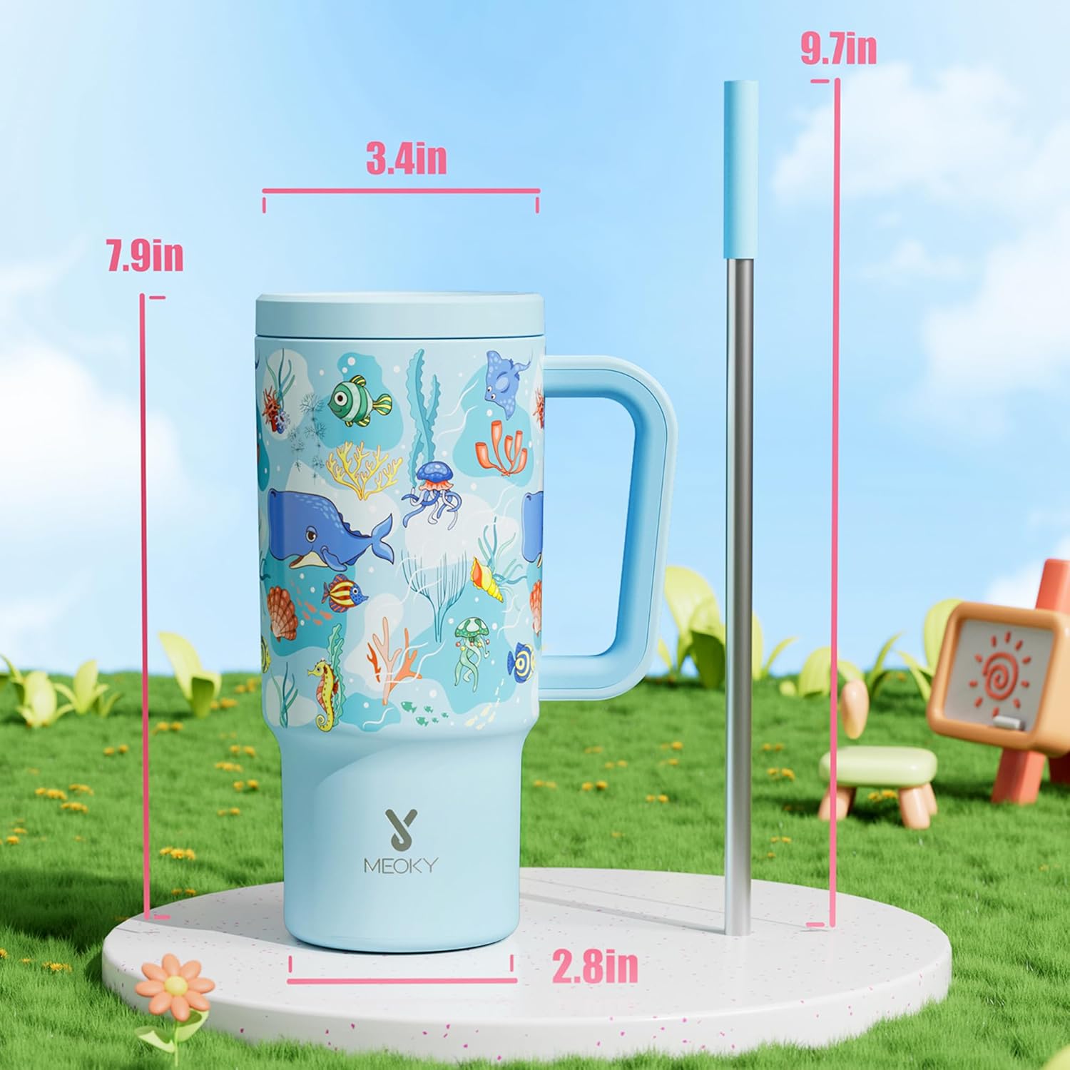 【Meoky】24oz Tumbler with Handle & Straw -  Leakproof, cute water bottles,BPA-Free, Insulated Stainless Steel Cup with Handle for Travel, School, Car Rides (Boys & Girls)