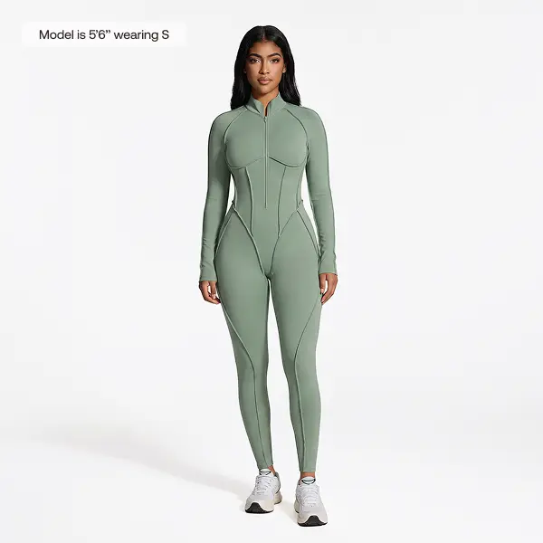 BetterMe Women's Sage Green Long-Sleeve Zipper-Front Open-Back Compression Jumpsuit, Full-Length Stretch Spandex Catsuit, Breathable Athletic Training Apparel for Workouts Gym, Machine Wash Do Not Dry Clean Womenswear, Sports, Full-Length Suit, Choco