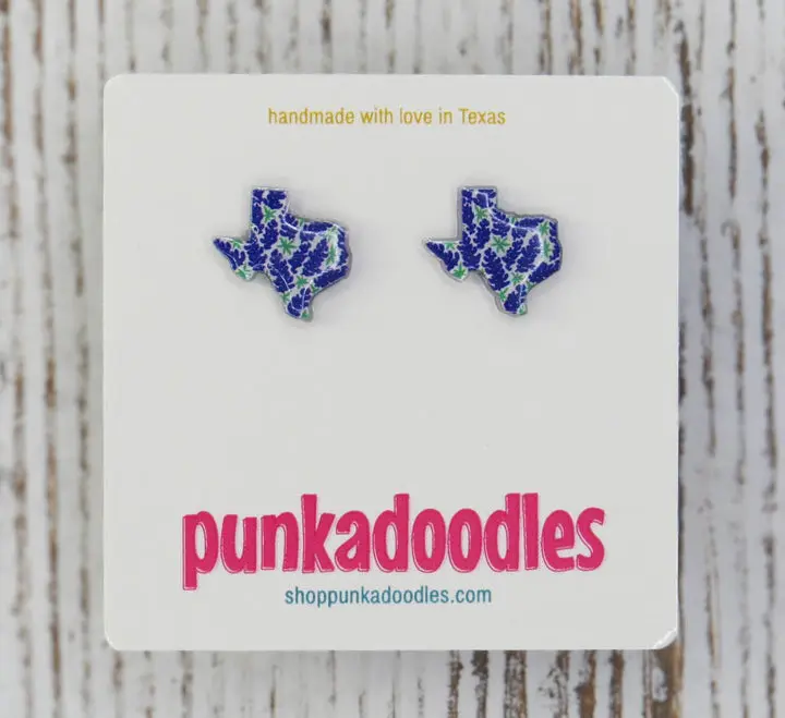 Texas Shape Bluebonnet Design Earrings