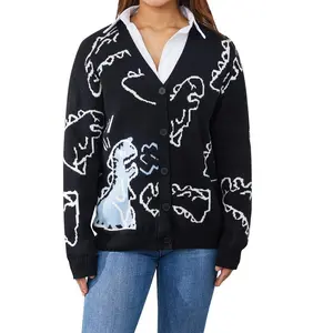 Adults Tops, Dinosaur Print Long Sleeve Loose Knitted Cardigan with Buttons Autumn Outfit for Women Men, S/M/L/XL