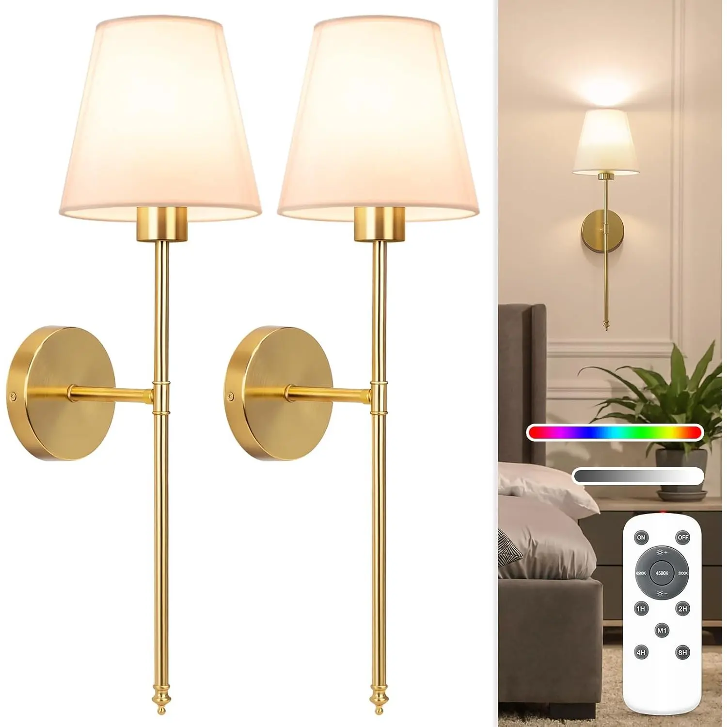 Battery Operated Wall Sconce Set of 2,Gold Rechargeable Wall Lights with 5200mAh Dimmable Bulbs and Remote, Wireless Wall Lamps for Bedroom Living Room Hallway Decor summerwins
