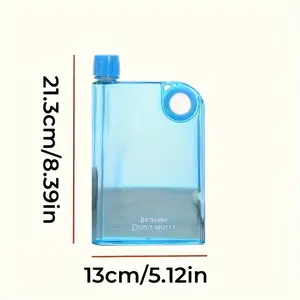 Motivational Flat Water Bottle 21.3cm x 13cm Reusable Leak-Proof Lightweight Square Design Transparent Polystyrene Drinkware Cup Tumbler Mug Washable Portable Bottled