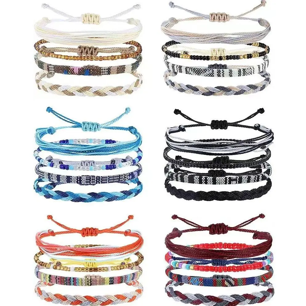 JEWEL-US - 4 /24 Pcs Boho Surfer Bracelet Anklets Braided Bracelet Colorful String Rope Ankle Bracelets Waterproof Summer Beach Jewelry