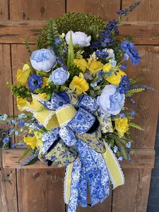 Blue & Yellow Spring Wreath — 18" Moss Wreath Base, Ready to Ship, Front Door Easter Decor