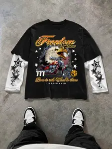Oversized Long Sleeve Top, Freedom Supreme Vintage Motorcycle Print Shirt, Classic Casual Streetwear for Fall & Winter