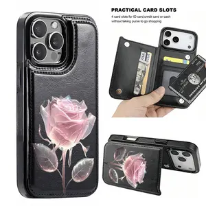 A Pink Rose Wallet Card Holder And Phone Case Designed for Iphone, Including The for Iphone 17 16 15 14 13 12 PRO MAX PLUS,AIR, As Well As Samsung Galaxy S22 And S23+.This Stylish And Fashionable Case Features Credit Card Slots And a Magnetic Coin Pocket